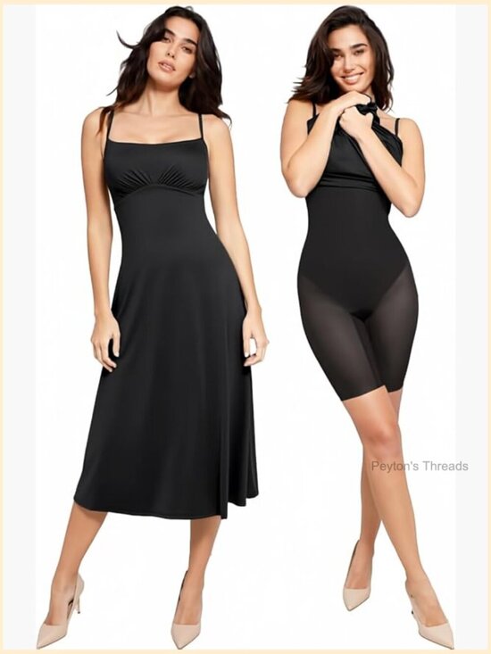 Dresses & Skirts - Shapewear Dress Built-in Bra Adjustable Straps Square Neck A-Line Midi Slip